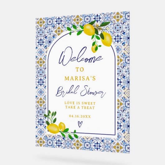 Italienisch blaue Fliesen Aquarell Zitronenbrust E Acrylschild (Winkel)