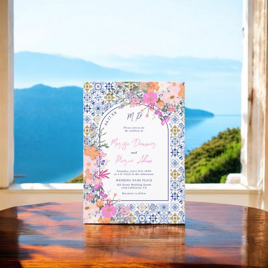 Italienisch blaue Fliesen Aquarellfarben Foto Hoch Einladung