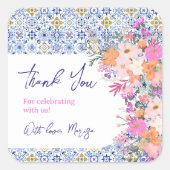 Italienisch blaue Fliesen Blumenmotiv Danke, Baby  Quadratischer Aufkleber (Vorderseite)