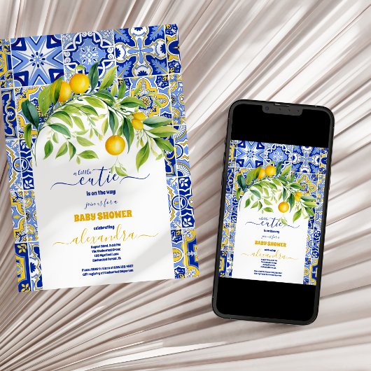 Italienisch blaue Fliesen Wasserfarben Zitrone Bab Einladung