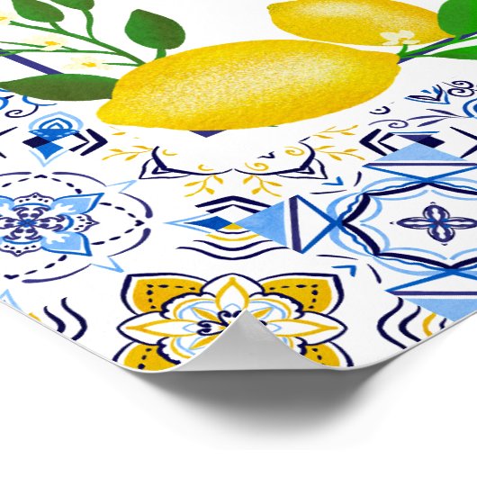 Italienisch-blaue Fliesen Wasserfarben Zitrone Bab Poster (Ecke)