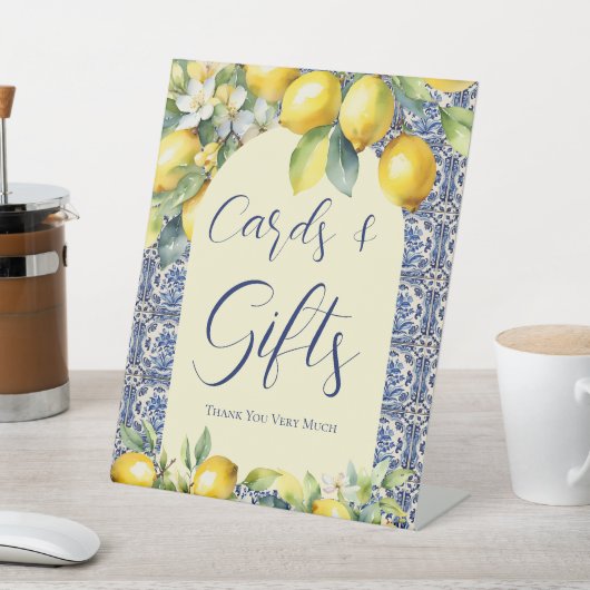 Italienisch blaue Fliesen & Zitrone Babyduschkarte Sockelschild (In SItu)