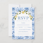 Italienisch blaue Fliesen Zitronenblüte Hochzeit R RSVP Karte (Vorderseite)