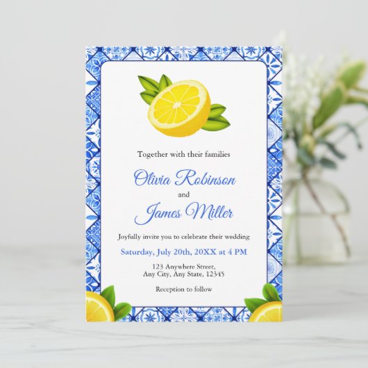 Italienisch-blaue Tile - Lemon Wedding Einladung (Stehend Vorderseite)