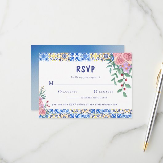 Italienisch Blue Tile Floral Mamma Mia RSVP Karte (Vorderseite/Rückseite Beispiel)