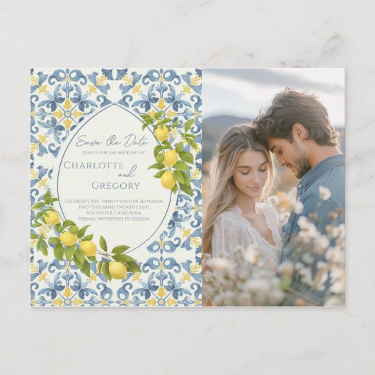 Italienisch Blue Tile Lemon Wedding Ankündigungspostkarte (Vorderseite)