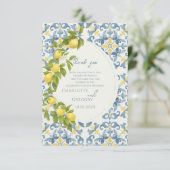 Italienisch Blue Tile Lemon Wedding Dankeskarte (Stehend Vorderseite)
