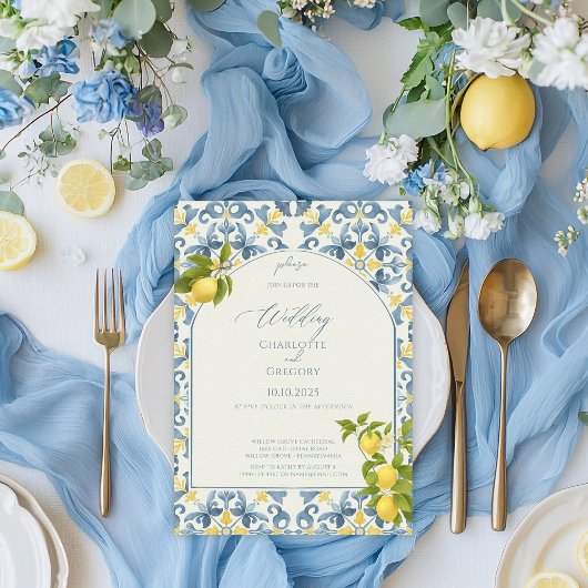 Italienisch Blue Tile Lemon Wedding Einladung