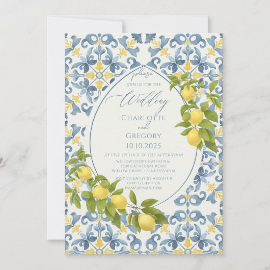 Italienisch Blue Tile Lemon Wedding Einladung (Vorderseite)