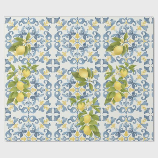 Italienisch Blue Tile Lemon Wedding Geschenkpapier (Flach)