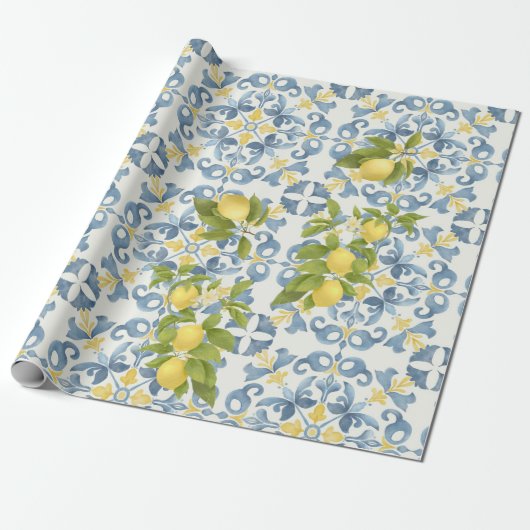 Italienisch Blue Tile Lemon Wedding Geschenkpapier (Ungerollt)