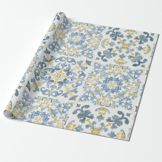 Italienisch Blue Tile Lemon Wedding Geschenkpapier (Ungerollt)
