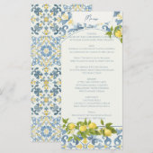 Italienisch Blue Tile Lemon Wedding Menükarte (Vorne/Hinten)