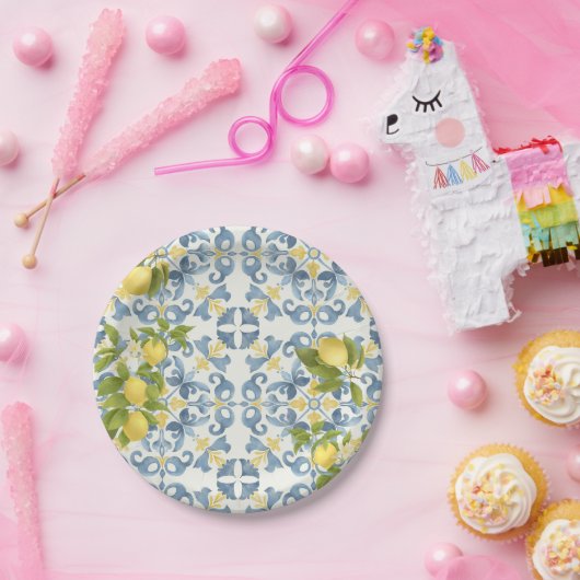 Italienisch Blue Tile Lemon Wedding Pappteller (Party)