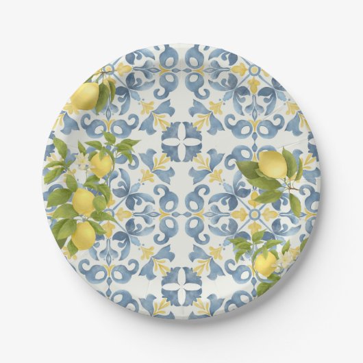 Italienisch Blue Tile Lemon Wedding Pappteller (Vorderseite)