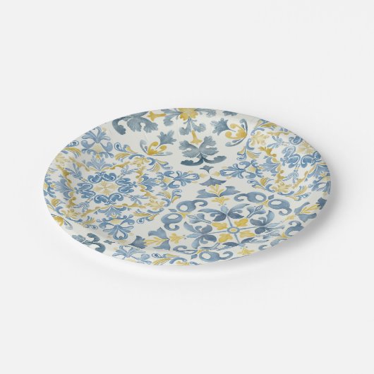 Italienisch Blue Tile Lemon Wedding Pappteller (Schrägansicht)