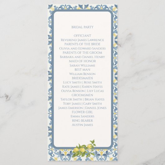 Italienisch Blue Tile Lemon Wedding Programm (Rückseite)