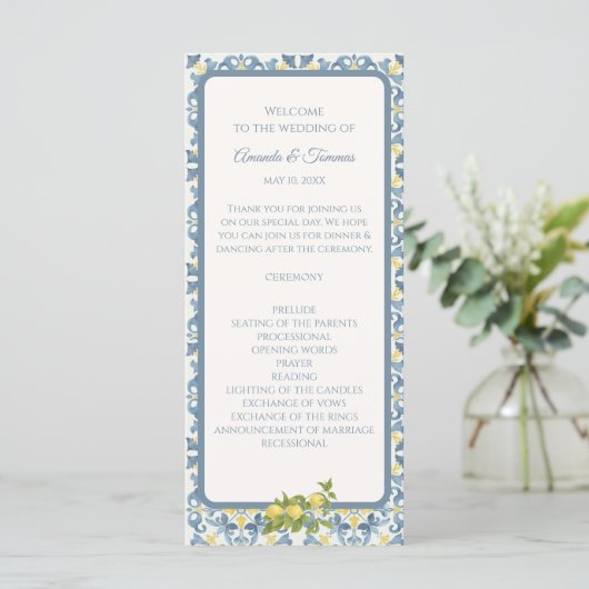 Italienisch Blue Tile Lemon Wedding Programm (Stehend Vorderseite)