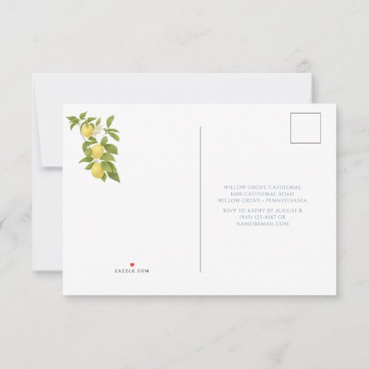 Italienisch Blue Tile Lemon Wedding RSVP Karte (Rückseite)