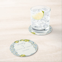 Italienisch Blue Tile Lemon Wedding Runder Pappuntersetzer