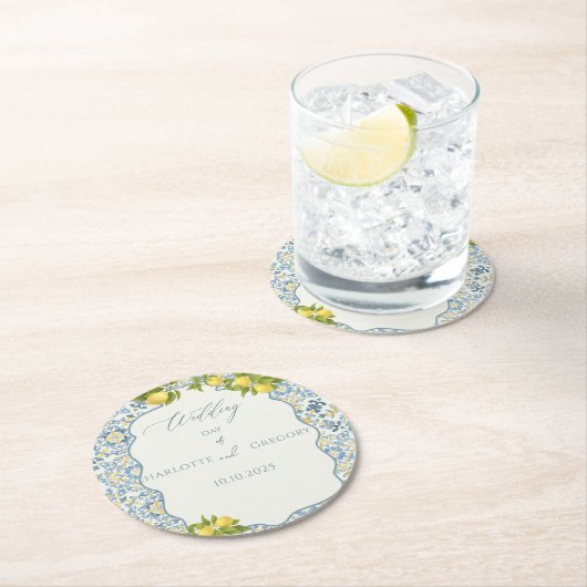 Italienisch Blue Tile Lemon Wedding Runder Pappuntersetzer (Vor Ort)