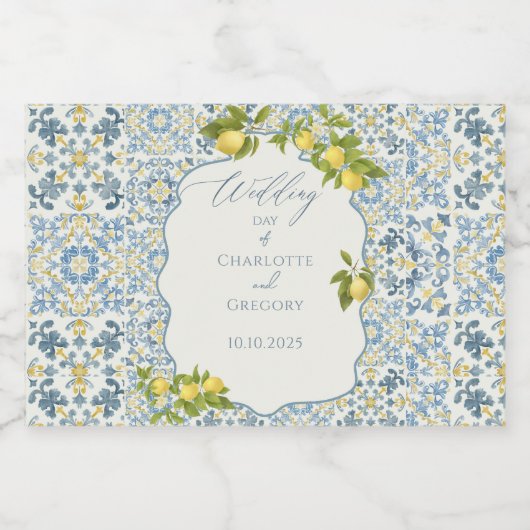 Italienisch Blue Tile Lemon Wedding Schaumweinetikett (Einzelnes Label)