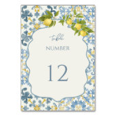 Italienisch Blue Tile Lemon Wedding Tischnummer (Vorderseite)
