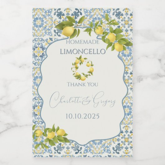 Italienisch Blue Tile Lemon Wedding Weinetikett (Einzelnes Label)
