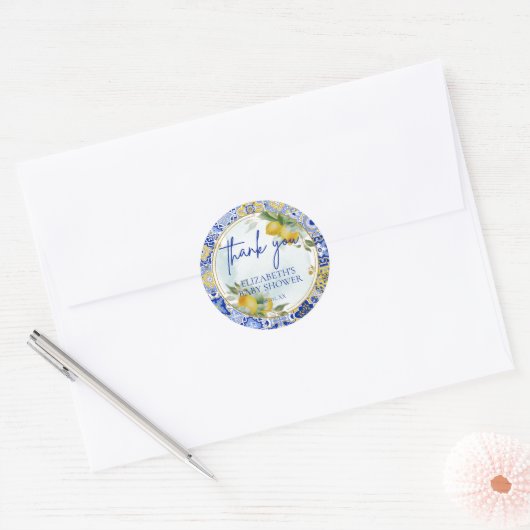 Italienisch Blue Tile Lemons Citrus Script Vielen Runder Aufkleber (Umschlag)