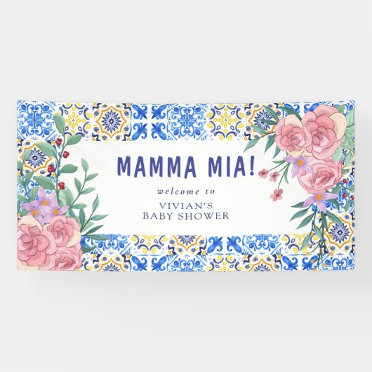 Italienisch Blue Tile Mamma Mia Baby Dusche Einlad Banner (Horizontal)