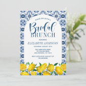 Italienisch Blue Tile Watercolor Lemon Bridal Brun Einladung (Stehend Vorderseite)