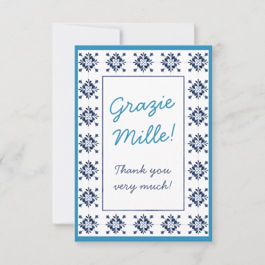 Italienisch Blue Tiles Grazie Mille Script Dankeskarte (Vorderseite)