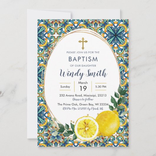 Italienisch Blue Tiles Lemon Taufe Einladung (Vorderseite)