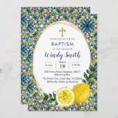 Italienisch Blue Tiles Lemon Taufe Einladung (Vorne/Hinten)
