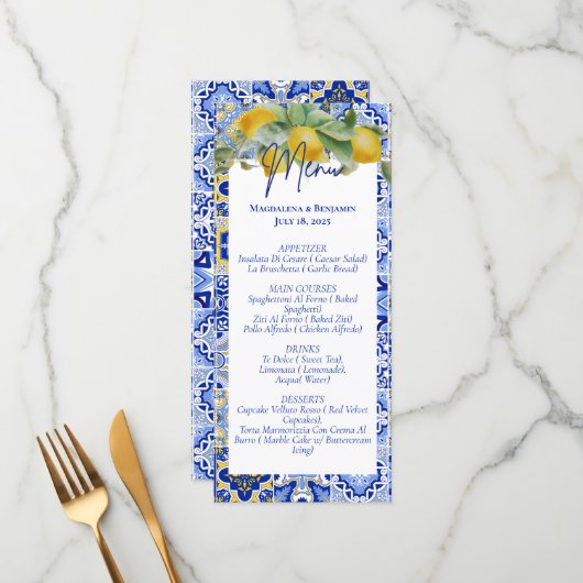 Italienisch Blue Tiles Lemons Amalfi Coast Wedding Menükarte (Vorderseite/Rückseite Beispiel)