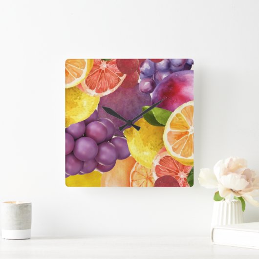 Italienisch Fruchtküche Print | Wasserfarbenzitrus Quadratische Wanduhr (Zuhause)