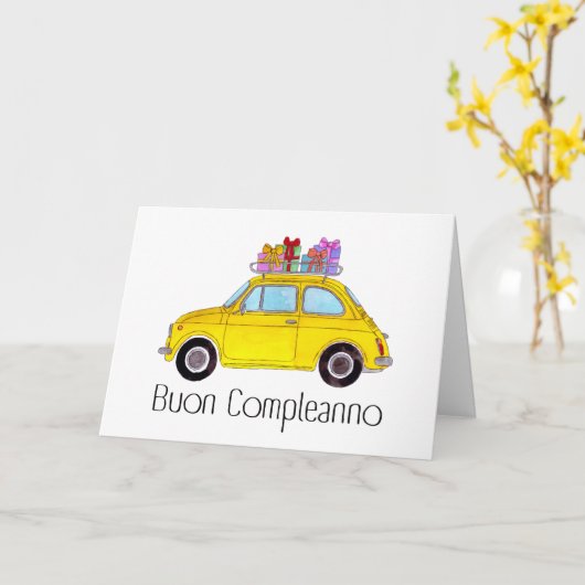 Italienisch Geburtstag Retro Fiat 500 Karte (Gelbe Blume)