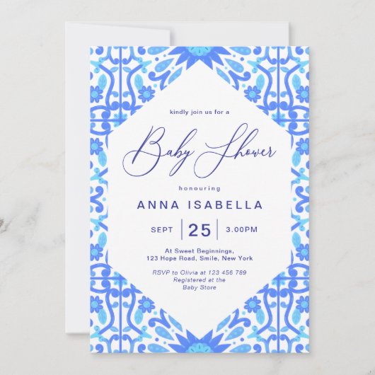 Italienisch Inspiriert Blue Tile Script Baby Dusch Einladung (Vorderseite)