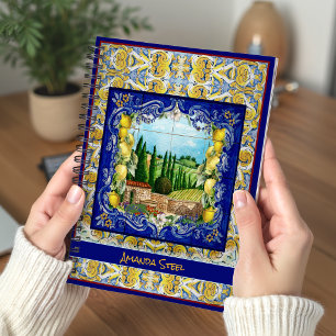 Italienisch Majolica blauen Fliesen Zitrusmonogram Notizblock