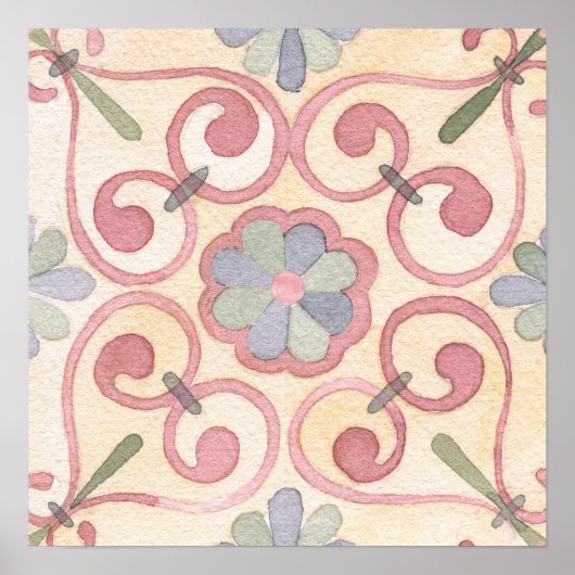 Italienisch Majolica Pink Flora Aquarell Poster (Vorne)