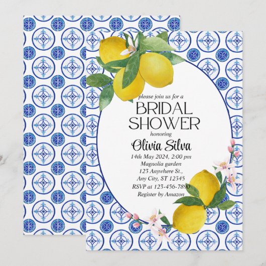 Italienisch-mediterrane Lemon Tile Bridaldusche Einladung (Vorne/Hinten)