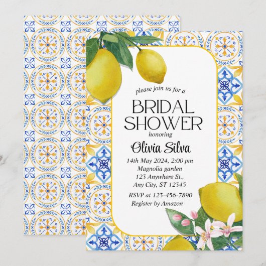 Italienisch-mediterrane Lemon Tile Bridaldusche Einladung (Vorne/Hinten)