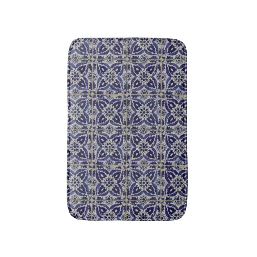 Italienisch-rustikale Tiles Azulejo Blue White Geo Badematte (Vorderseite Vertikal)