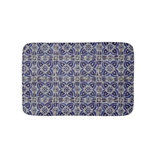 Italienisch-rustikale Tiles Azulejo Blue White Geo Badematte (Vorderseite)