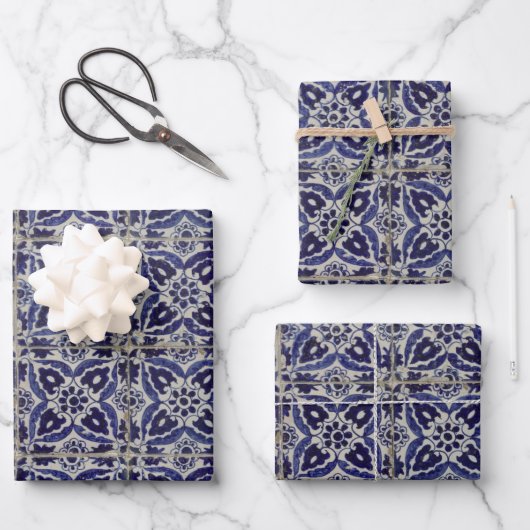 Italienisch-rustikale Tiles Azulejo Blue White Geo Geschenkpapier Set (Vorderseite)