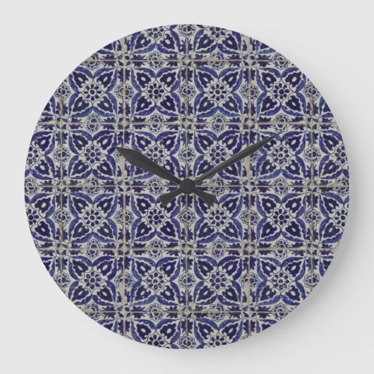 Italienisch-rustikale Tiles Azulejo Blue White Geo Große Wanduhr (Vorderseite)