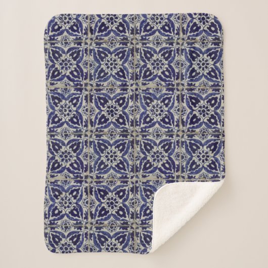 Italienisch-rustikale Tiles Azulejo Blue White Geo Sherpadecke (Vorderseite)