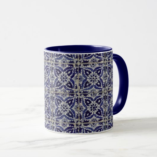 Italienisch-rustikale Tiles Azulejo Blue White Geo Tasse (VorderseiteRechts)
