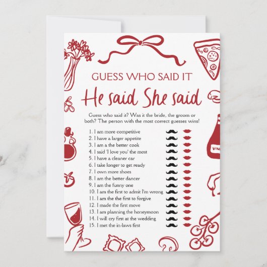 Italienisch sagte er, sie sagte Brautparty Game Einladung (Vorderseite)