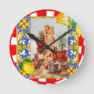 Italienisch,sizilianische Kunst,Maiolica,Fliesen,b Runde Wanduhr